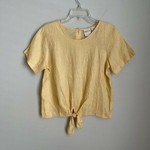 New Rachel Zoe Yellow 100% Linen Short Sleeve Knot Front Button Black Top